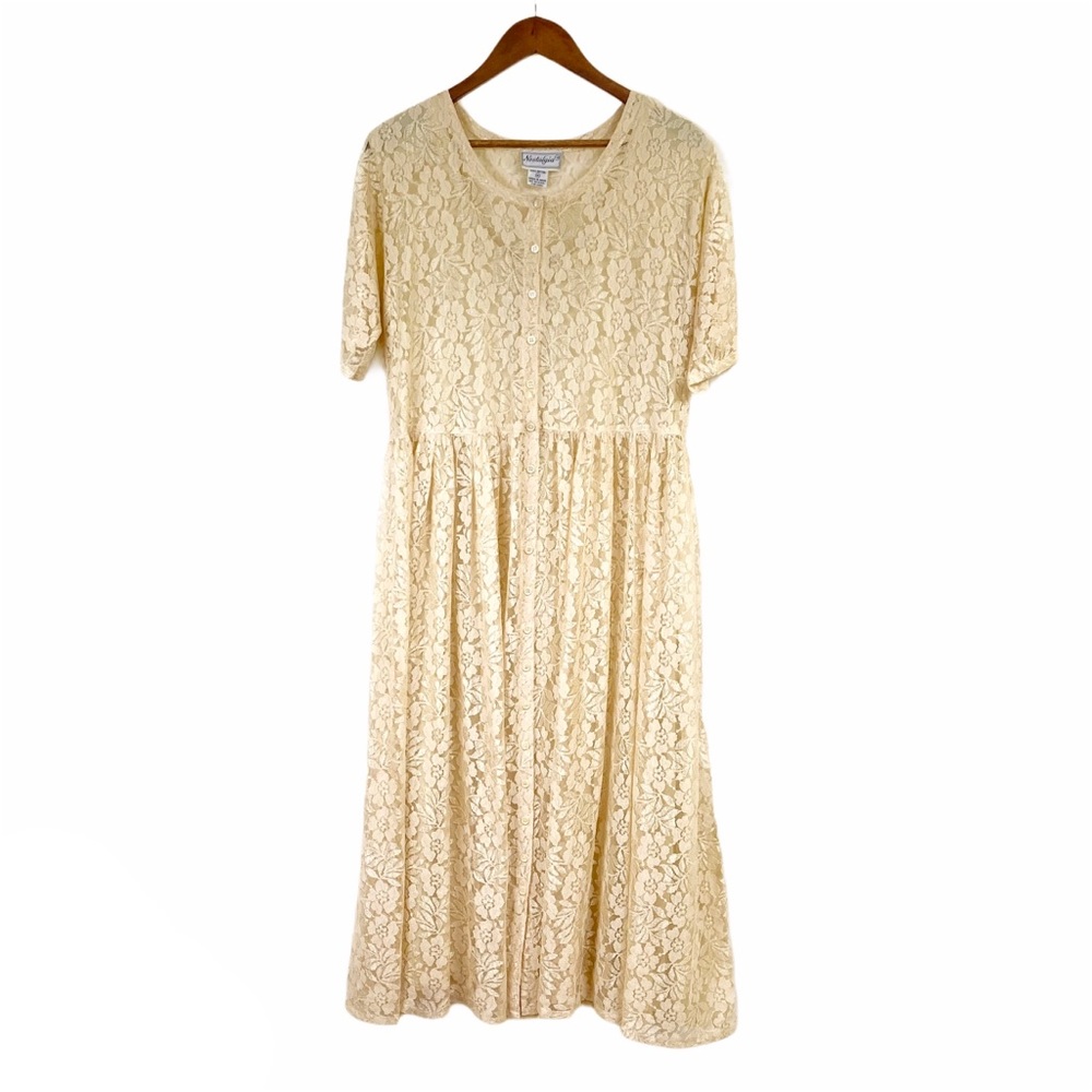 Vintage Nostalgia Lace Button Up Maxi Dress Tan M